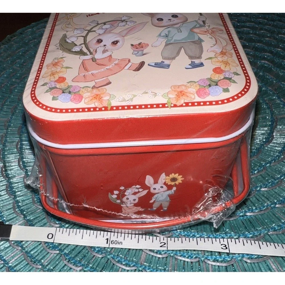 Kawaii Pastel Bunny Picnic Metal Tin Box Red Storage Case Cottagecore Cute New